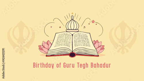 Guru Tegh Bahadur Birthday Illustration with Sacred Sikh Symbols, holy book, and Floral Design