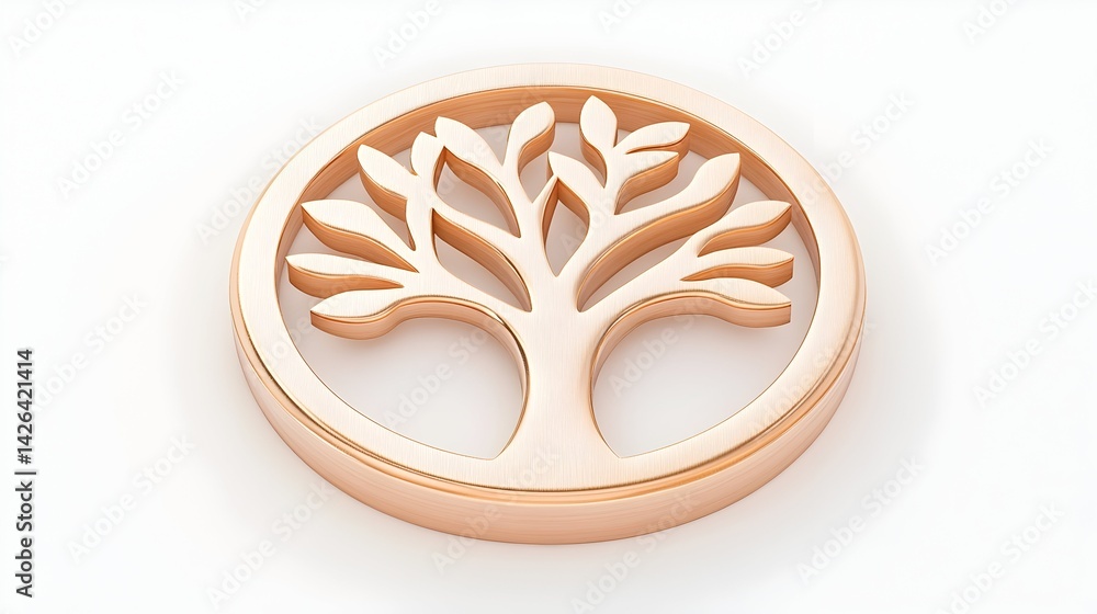 Rose gold tree of life charm pendant, circular design, isolated on white