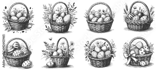 Pen  Joy: Intricate Easter Egg Basket Sketch Easter Eggs in basket ink style linework drawing pen sketch hand drawn vector illustration background
