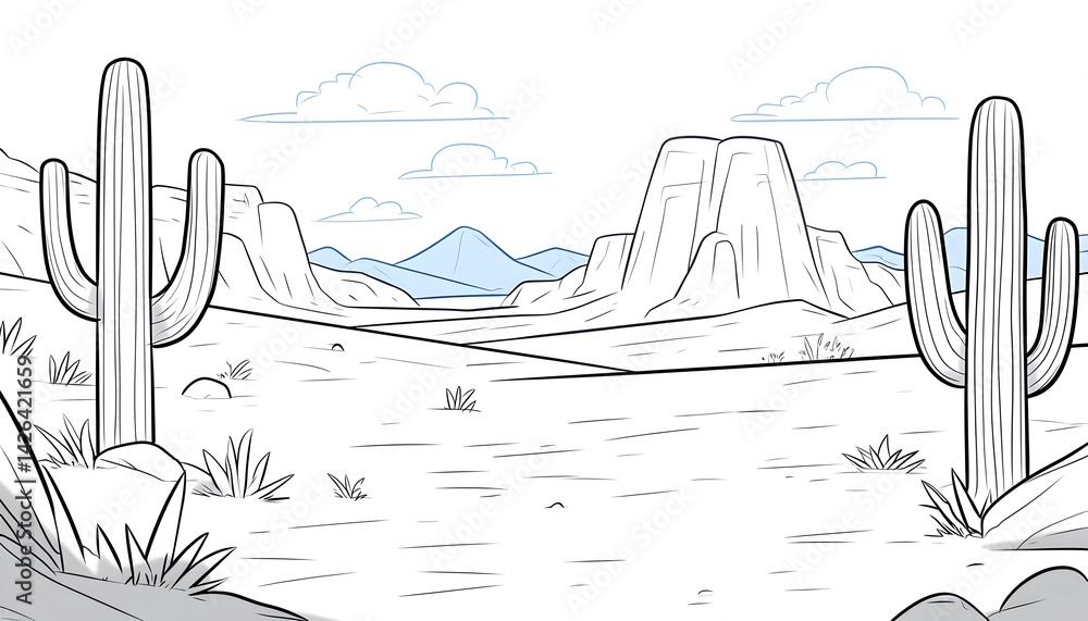 Simple line drawing of a desert landscape with cacti and mountains