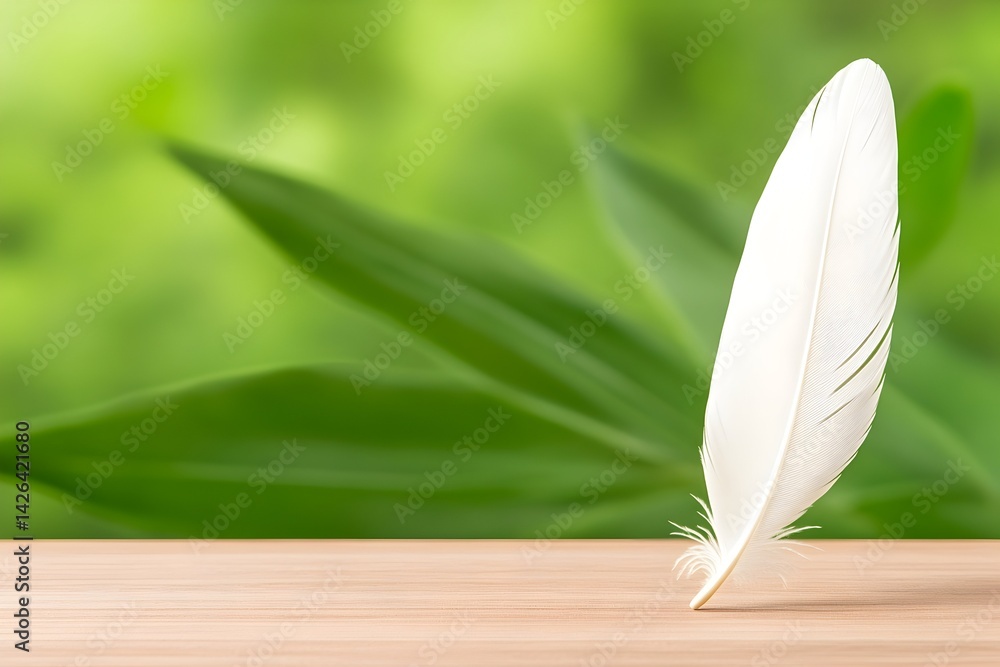 Single white feather rests on light wood against blurred green foliage