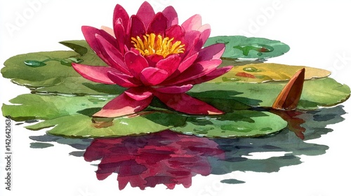 Watercolor painting of a vibrant pink water lily floating on lily pads, reflecting in calm water.