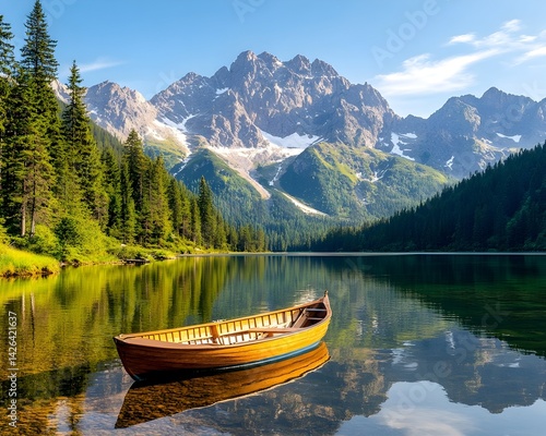 Obraz na płótnie Serene mountain lake with wooden rowboat, reflecting majestic peaks under a clear sky w salonie