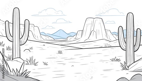 Obraz na płótnie Simple line drawing of a desert landscape with cacti and mountains w salonie