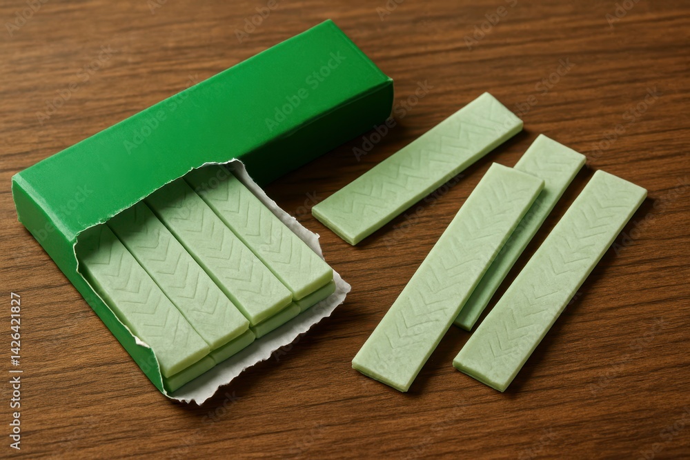 Fresh Chewing Gum in Green Box on Wooden Background