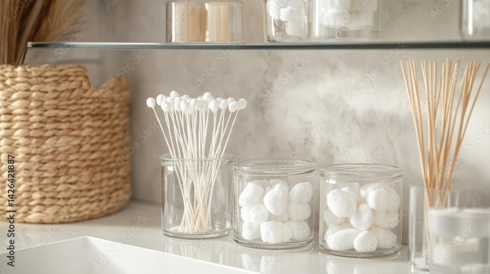 Fototapeta premium Wall-mounted bathroom shelf with glass containers of cotton swabs and pads