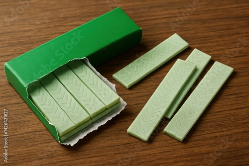 Obraz na płótnie Fresh Chewing Gum in Green Box on Wooden Background w salonie