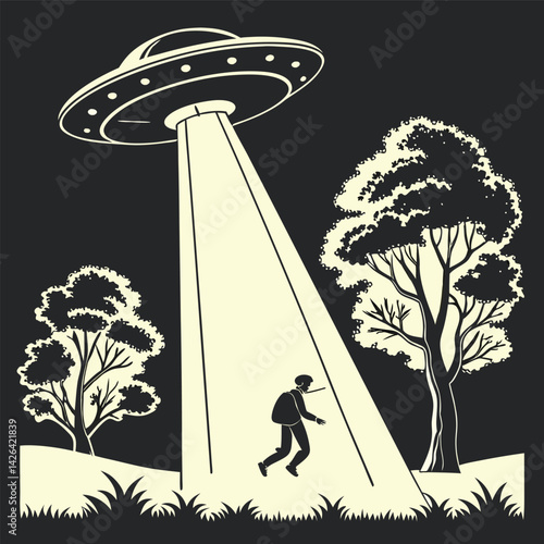 Silhouette of Man Running from UFO Landing in Woods