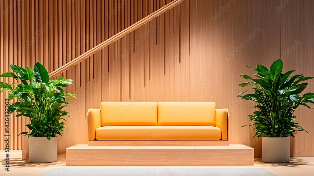 Yellow sofa on wooden platform with plants and slatted wall