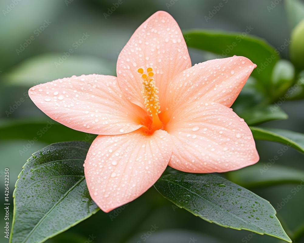 A peach-colored hibiscus flower with dew drops on its petals, set against lush green foliage