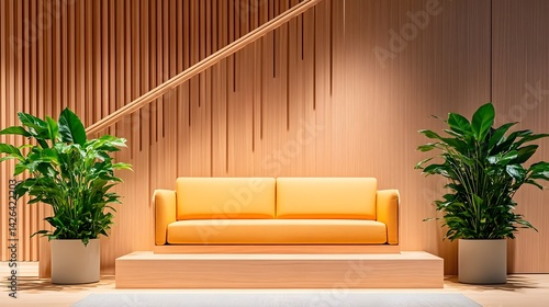 Obraz na płótnie Yellow sofa on wooden platform with plants and slatted wall w salonie