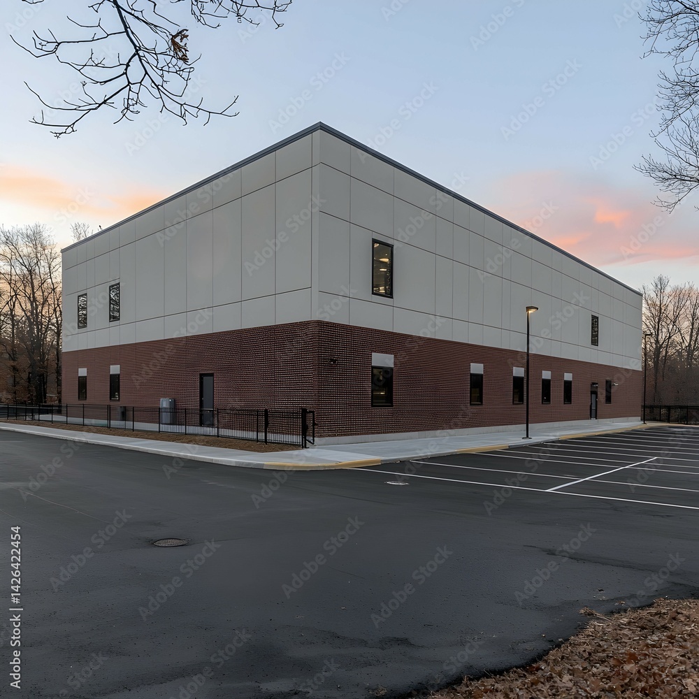Fototapeta premium New modern building exterior dusk parking lot trees