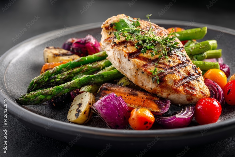 Grilled chicken breast with vegetables.