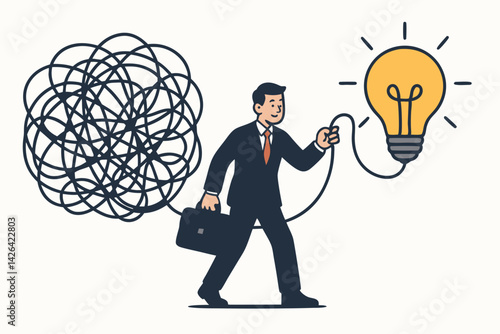 Business Problem Solving Vector Illustration: Businessman Untangling Chaos into Brilliant Ideas, Transforming Complexity into Innovation with Creative Solution Finding for Corporate Success