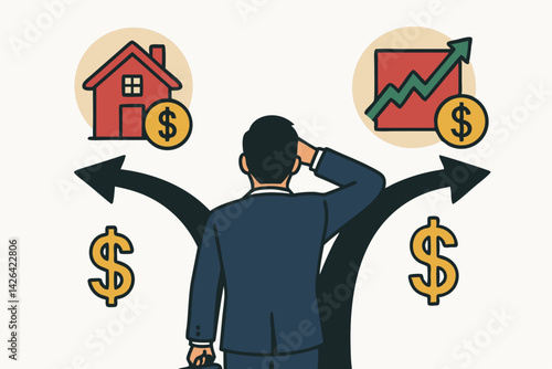 Business Investment Decision Vector Illustration: Businessman at Crossroads Choosing Between Real Estate Property and Stock Market Growth with Dollar Symbols and Financial Icons