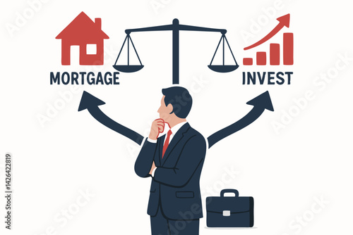 Financial Decision Making Concept: Businessman Balancing Mortgage versus Investment Choices with Scale Symbol, Real Estate and Growth Chart Icons for Financial Planning and Wealth Management