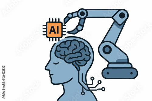 Futuristic AI Brain Enhancement: Robotic Arm Inserting Artificial Intelligence Chip into Human Mind, Vector Illustration for Technology and Neuroscience Concepts