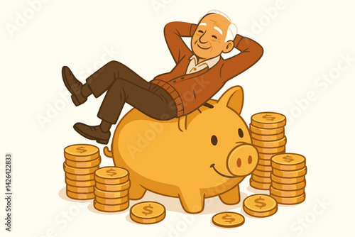 Happy Senior Man Relaxing on Golden Piggy Bank with Dollar Coins, Retirement Savings Concept, Financial Security Illustration, Wealth Management Vector, Pension Fund Investment, Elderly Lifestyle