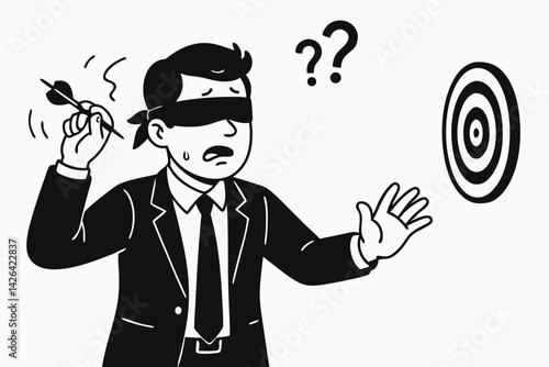 Blindfolded Businessman Throwing Dart at Target, Black and White Vector Illustration of Uncertain Decision Making, Strategic Risk Taking in Corporate Environment, Business Challenge Concept