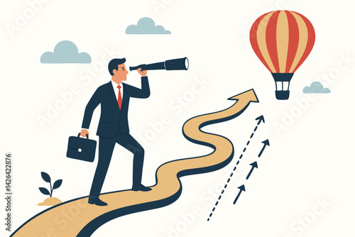 Business Vision Concept: Ambitious Businessman with Telescope Looking at Hot Air Balloon on Upward Path, Strategic Planning and Goal Achievement Illustration for Corporate Success