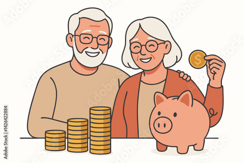 Happy Senior Couple Planning Retirement with Savings and Investment, Smiling Elderly Man and Woman with Piggy Bank and Gold Coins, Financial Security Illustration for Pension Planning