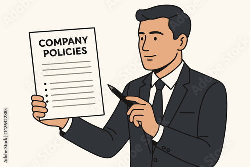 Professional Businessman Explaining Company Policies Vector Illustration, Corporate Governance Document, Business Regulations Concept, Office Protocol Guidelines, Executive Presenting Rules