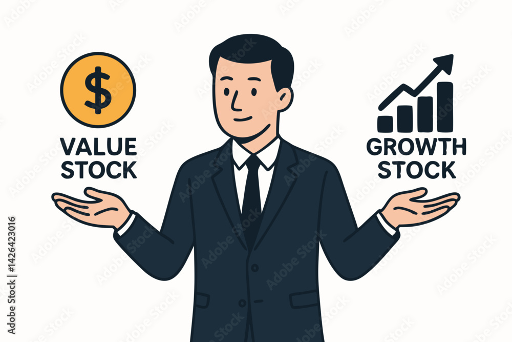 Value vs Growth Investing: Businessman Balancing Investment Strategies, Financial Decision Making Vector Illustration for Stock Market Education Value vs Growth Investing: Businessman Balancing Investment Strategies, Financial Decision Making Vector Illustration for Stock Market Education