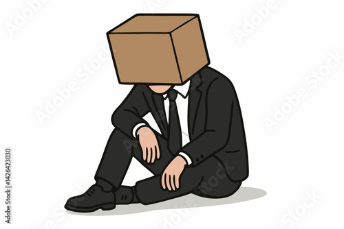 Boxed-In Businessman: Conceptual Vector Illustration of Corporate Anonymity, Shame, and Identity Crisis in Modern Workplace - Symbolic Depiction of Professional Burnout and Alienation