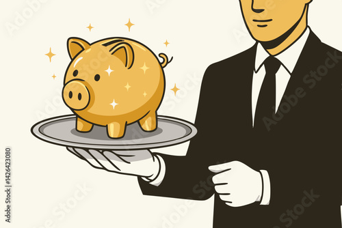 Premium Wealth Management Service Concept with Golden Piggy Bank on Silver Platter Served by Elegant Butler in Black Suit, Luxury Financial Advisory Illustration for Investment and Savings
