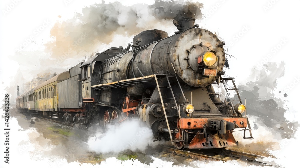 Obraz premium Vintage steam locomotive train chugging along railway tracks, emitting smoke and steam against a muted background. 