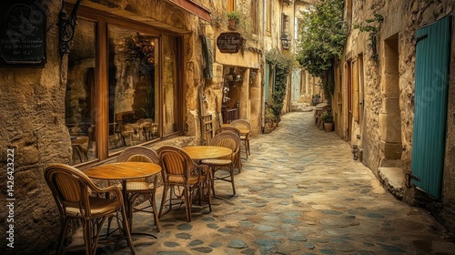 Fototapeta Naklejka Na Ścianę i Meble -  Narrow cobblestone street in a charming European village with yellow and beige stone buildings