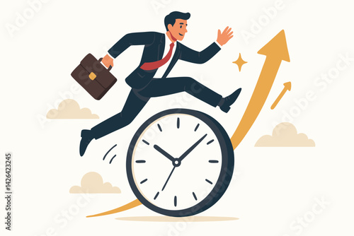 Ambitious Businessman Leaping Over Clock with Briefcase, Time Management Concept, Business Success Metaphor with Upward Growth Arrows, Career Achievement Vector Illustration