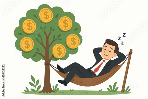 Passive Income Concept Vector Illustration with Businessman Relaxing in Hammock Under Money Tree, Financial Freedom Symbol for Wealth Management and Investment Growth