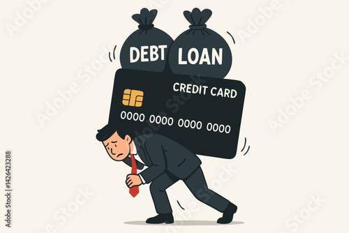 Financial Burden Concept: Businessman Struggling Under Weight of Credit Card Debt and Loans, Vector Illustration for Financial Stress, Debt Management, and Economic Hardship Visualization