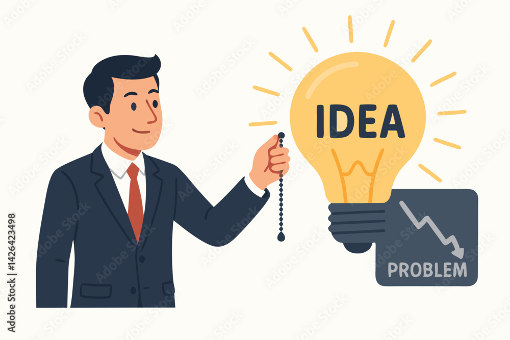 Innovative Business Problem-Solving: Businessman Illuminating Bright Idea Bulb to Overcome Challenges, Creative Solution Concept Vector Illustration for Corporate Strategy Innovative Business Problem-Solving: Businessman Illuminating Bright Idea Bulb to Overcome Challenges, Creative Solution Concept Vector Illustration for Corporate Strategy