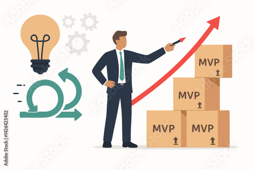 Minimum Viable Product MVP Business Concept Vector Illustration with Businessman Pointing at Growth Chart, Lightbulb Idea, Agile Development Process and Product Boxes for Startup Success Strategy