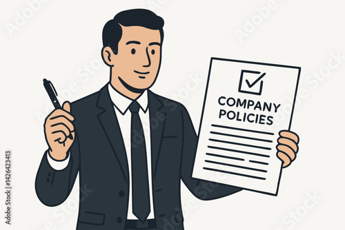 Professional Businessman Holding Company Policies Document with Checkmark, Corporate Compliance Vector Illustration for Business Management, Office Work, Legal Regulations, and Professional Standards