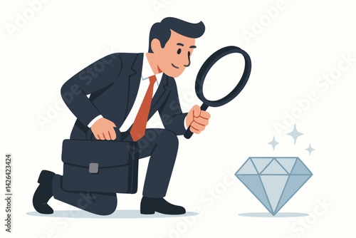 Ambitious Businessman Examining Diamond with Magnifying Glass: Vector Illustration of Corporate Success, Opportunity Seeking, and Value Discovery in Business World