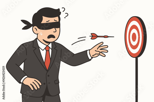 Blindfolded Businessman Throwing Dart at Target Vector Illustration, Business Challenge Concept, Strategic Decision Making Under Uncertainty, Corporate Risk Management Metaphor