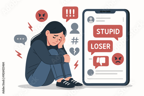Cyberbullying Concept Vector Illustration with Distressed Teenage Girl and Smartphone Displaying Negative Messages, Social Media Harassment, Online Abuse, Digital Mental Health Crisis