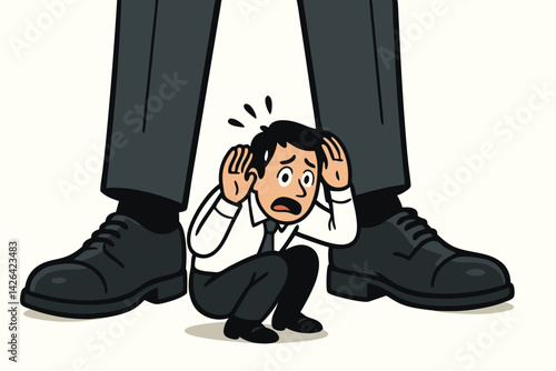 Intimidating Corporate Hierarchy: Tiny Businessman Cowering Between Giant Boss Feet, Workplace Pressure Cartoon Vector Illustration for Business Concepts