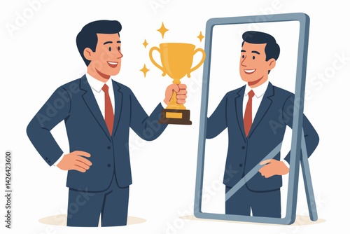 Successful Businessman with Golden Trophy Looking in Mirror Vector Illustration, Achievement Concept, Self-Confidence Metaphor, Professional Success Visualization, Corporate Victory Celebration