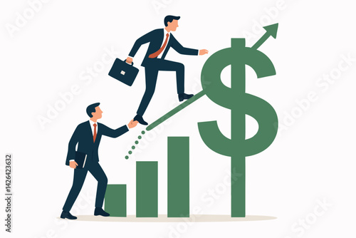 Business Teamwork Financial Success Vector Illustration with Businessmen Climbing Dollar Symbol Growth Chart, Corporate Collaboration for Profit Increase, Economic Progress Concept for Marketing