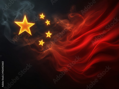 Chinese flag with stars on red background, smoke effect, symbolizing national pride and heritage.