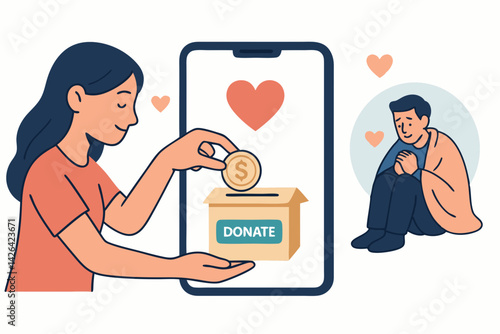 Digital Charity Donation Concept Vector Illustration with Woman Donating Money via Smartphone App, Helping Person in Need, Online Fundraising and Mobile Philanthropy for Social Causes