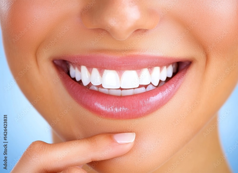 Fototapeta premium Healthy teeth and clean skin are prominent features of a beautiful woman's face, which is further enhanced by a natural makeup look that exudes female beauty