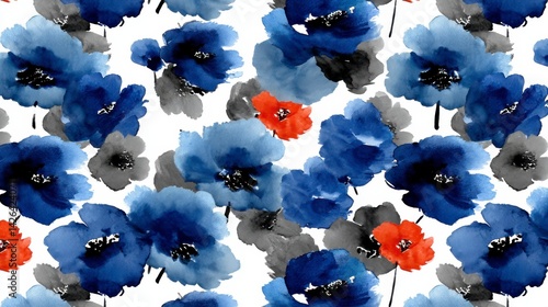 Watercolor floral pattern with blue, gray, and red flowers on white background.