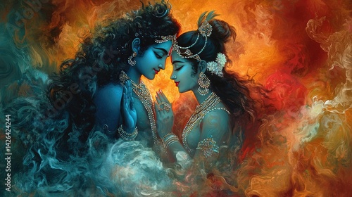 A divine moment of Krishna and Radha in an ethereal setting, symbolizing eternal love and devotion in Hindu culture