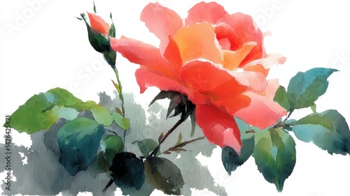 Watercolor painting of a coral rose with a bud, lush green leaves, and a gray wash background.