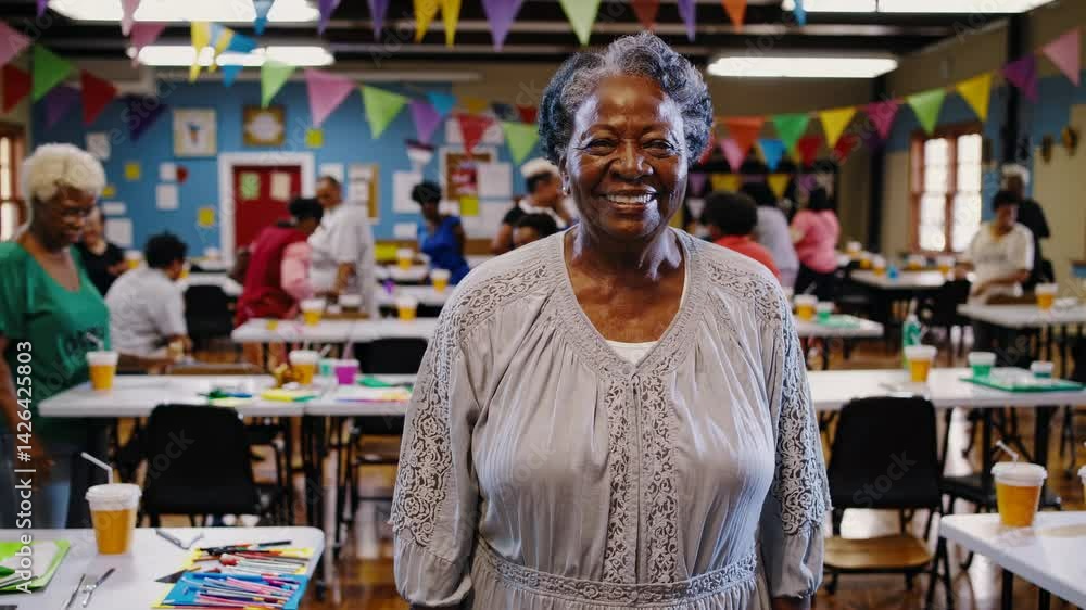 Joyful African American senior woman smiling at community center event Joyful African American senior woman smiling at community center event